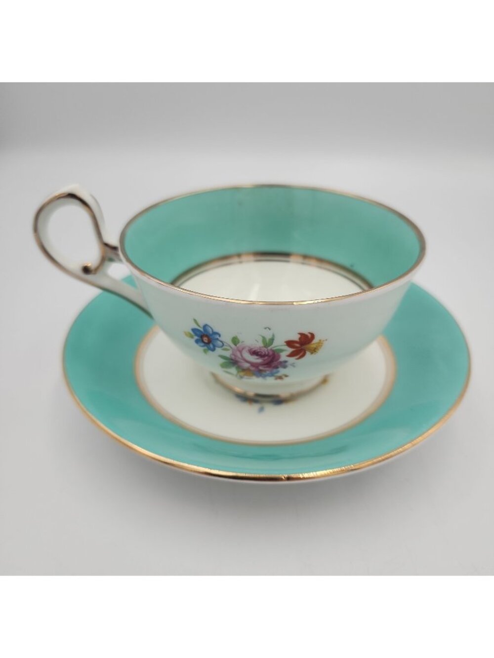 Old ROYAL Sampson Smith Teal Floral Cup & Saucer c1930 OLD MARK England